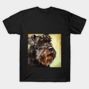 Close up Painting of a Majestic Looking Schnauzer in Yellow Background T-Shirt